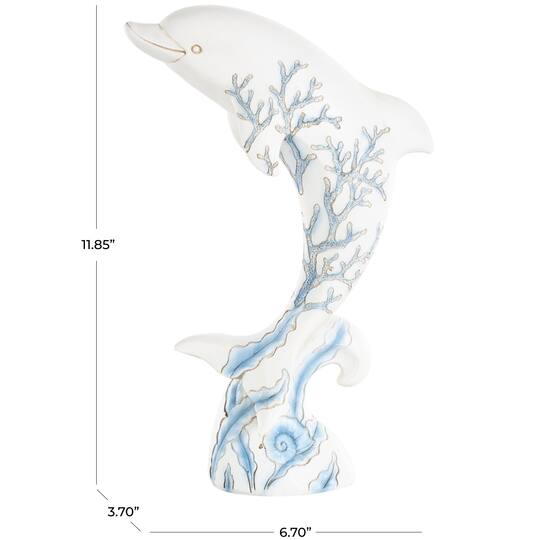 12" White with Blue Coral Pattern Curved Polystone Dolphin Sculpture